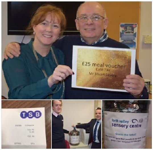 Images show Mr Lavery recieving his prize from Lynne Frail our fundraising coordinator as well as the deposit slip from TSB, the team counting the money and the original change bottle.