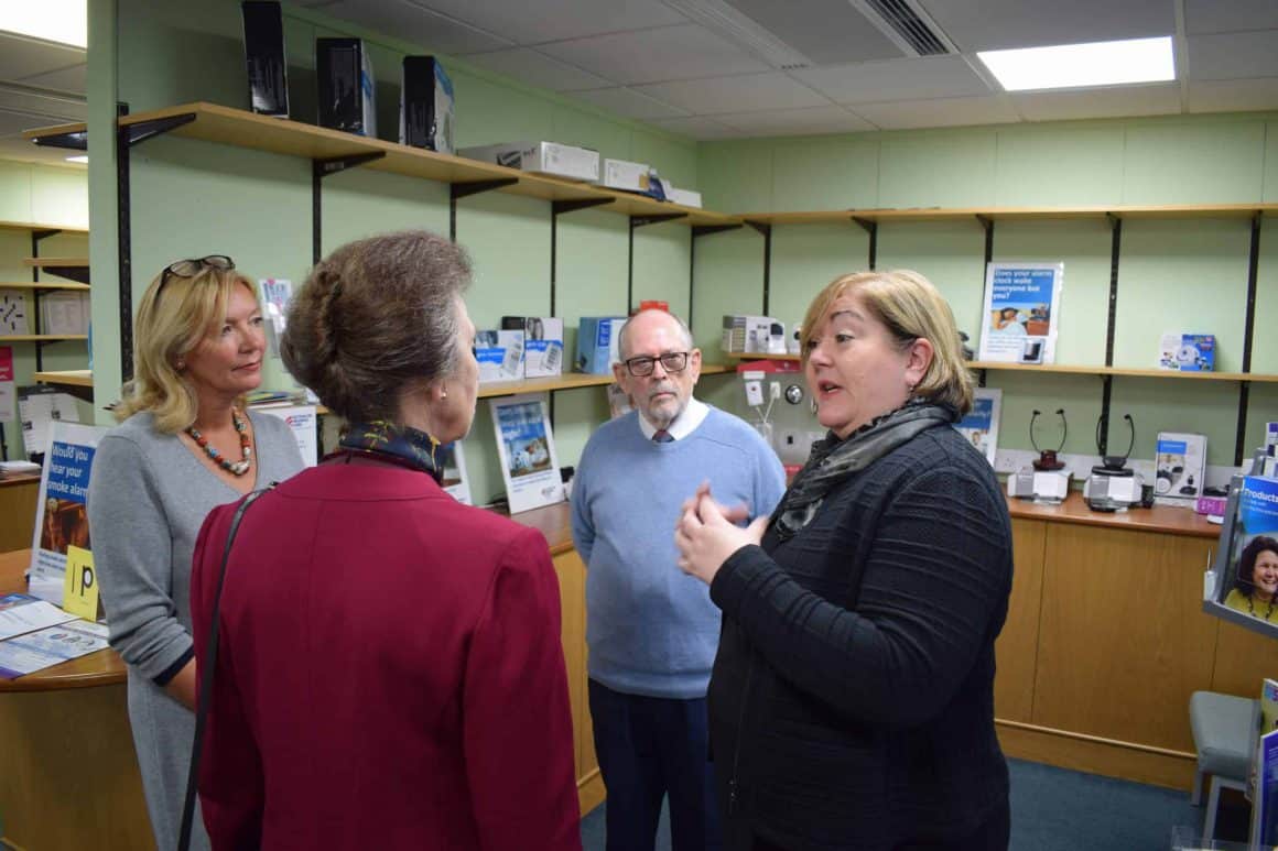 HRH The Princess Royal meeting John Ormsby and Teri Devine from Action on Hearing Loss