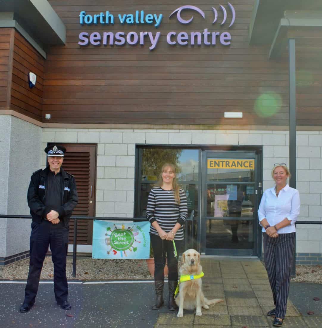 Inspector Hughes, Laura Cluxton and Jacquie Winning outside Forth Valley Sensory Centre