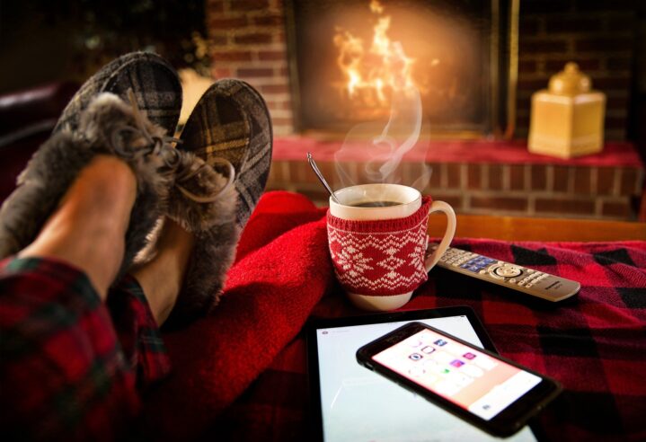 Relaxing Winter Warmer by the fire, warm socks, hot drink