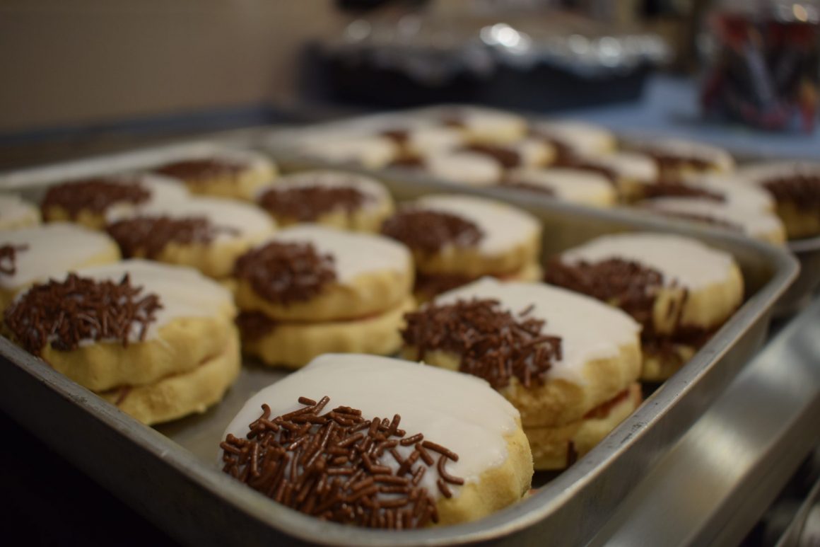 Tray of biscuits made by Carol with shortbread, icing and filling