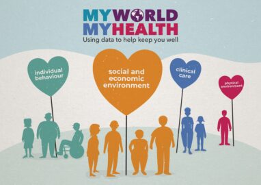 My Health My World logo with heart shaped balloons and people images