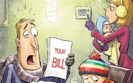 picture of man looking at fuel bill. Lady with baby in background turning up heating.