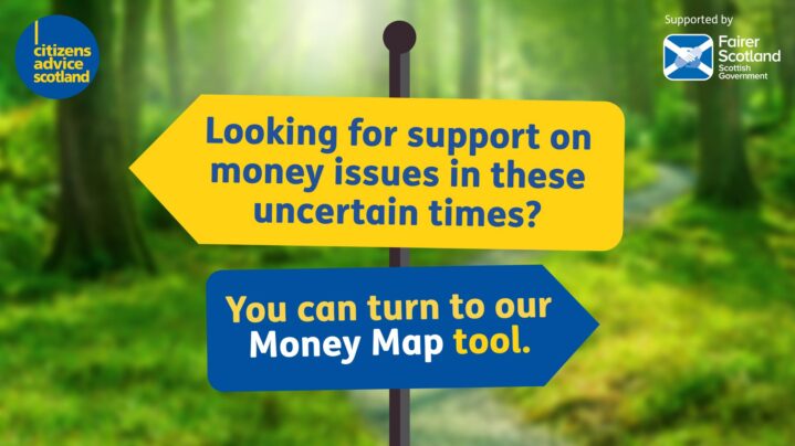 Looking for support on money issues in these uncertain times? Yellow sign against woodland background
