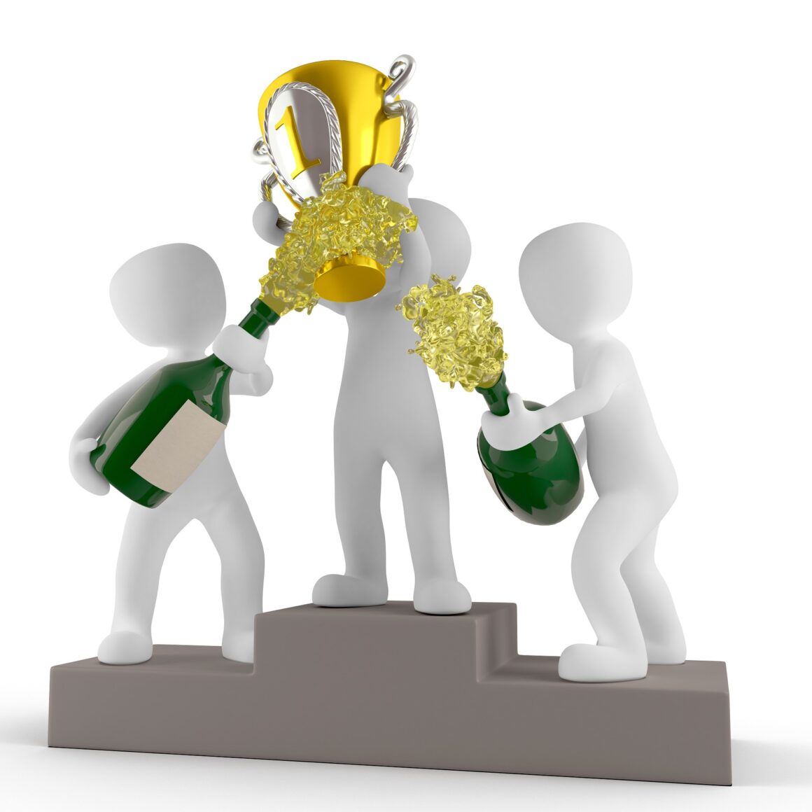 Three animated figures on a podium shaking champagne and a gold cup