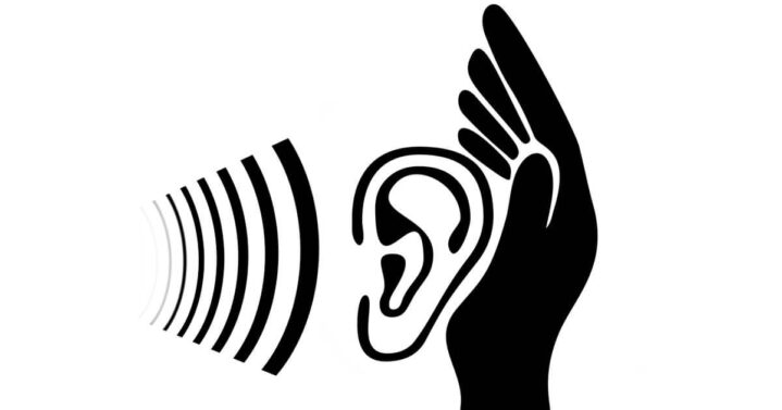 soundwaves, an ear and a hand surrounding the ear to hear better