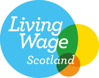 Living Wage Scotland logo. Blue, yellow and orange circles