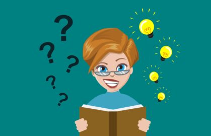Woman reading a book with question marks and lightbulbs around her head