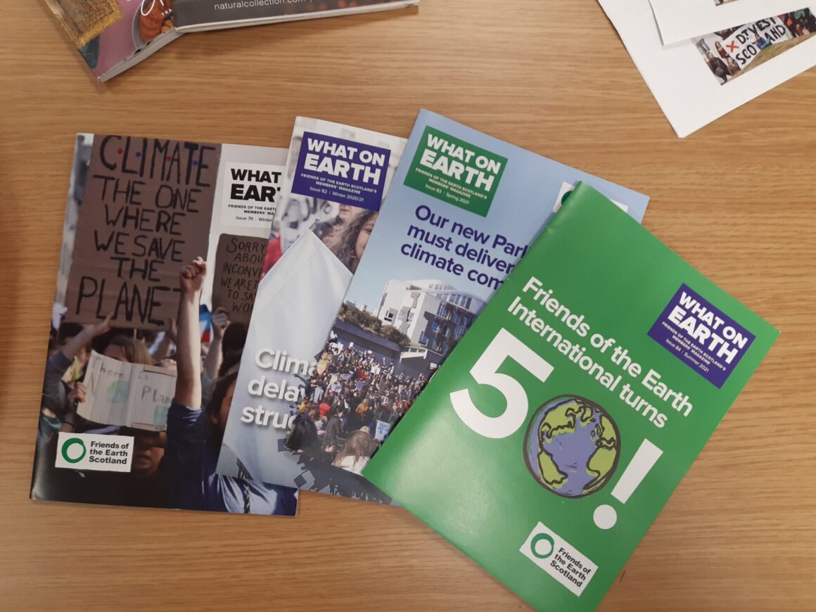 Various Friends of the Earth publications spread out on table top