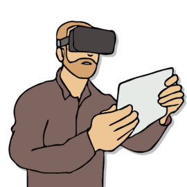 animated character with VR headset and tablet device