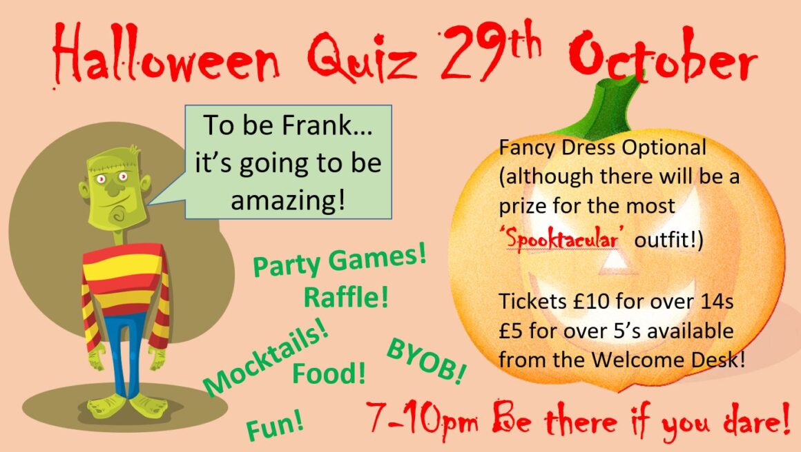 Halloween Quiz Event poster with al the details from the post above and an image of Frankenstein's monster
