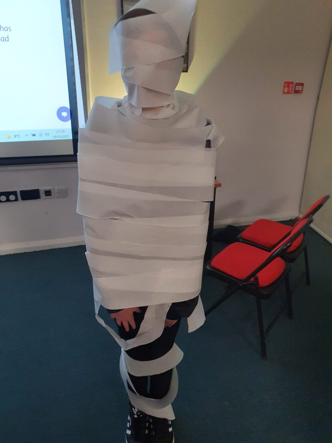 Boy wrapped in toilet roll