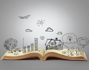 a book with drawings coming out of it, there are planes, buildings and trees
