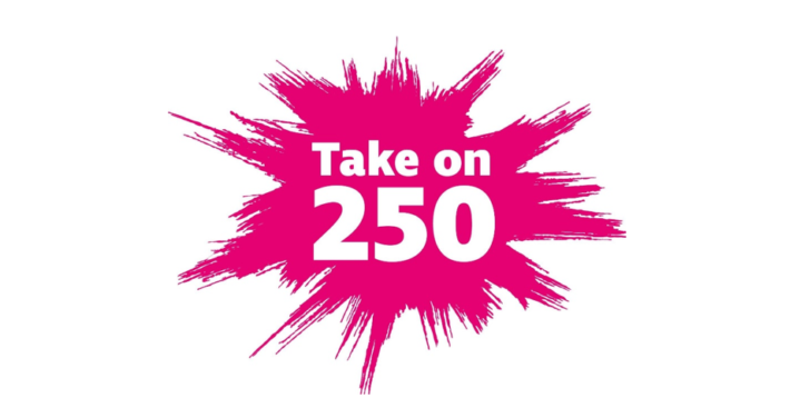 Take on 250 in a pink ink blot shape