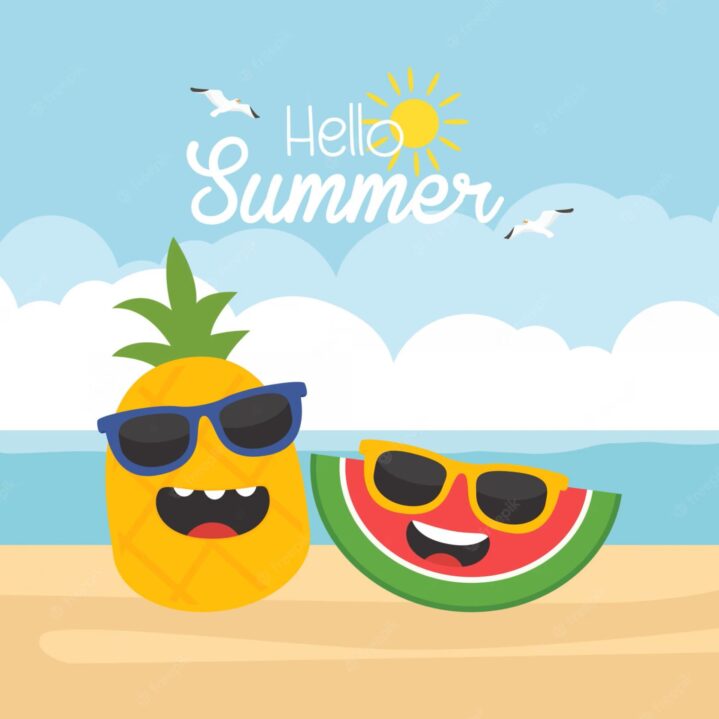 image shows a pineapple and watermelon wearing sunglasses on the beach, the text reads Hello Summer