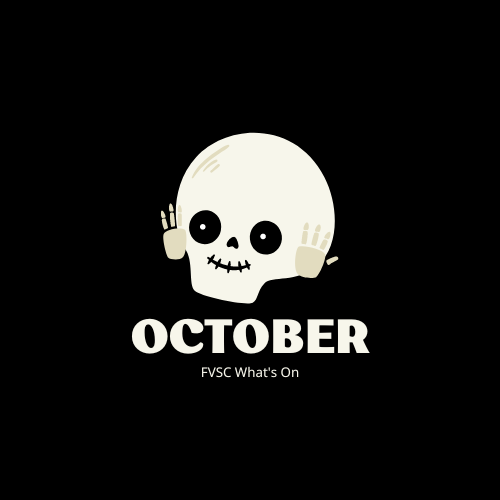 Black badge with a white skull in the middle, underneath it reads 'October FVSC What's On'