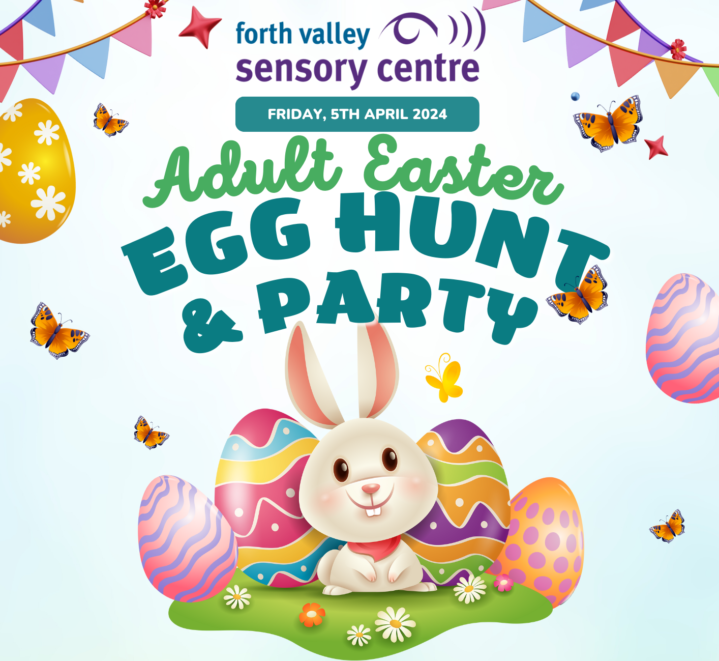 Image is of a cartoon bunny with colourful Easter eggs.