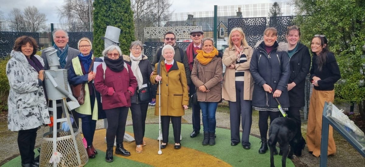 Image shows the delegation from Creteil in France in the Sensory Garden with Pat Reid, Jacquie Winning, Laura Cluxton, Sally Work, Christine Moroney, Lauren Gilmour and Sadie. 