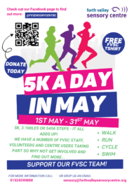 mage reads: "5K a Day in May 1st May-31st May. Join our 5k a day in may group to see the latest updates and share your support! Check out our Facebook page @FVSensoryCentre. Sponsor one of our staff, volunteers or centre users to show your support." On the right side of the image is a QR code that links to the gofundme page. Included in the image are the silhouettes of 3 people running, One is green, one is purple and one is red.
