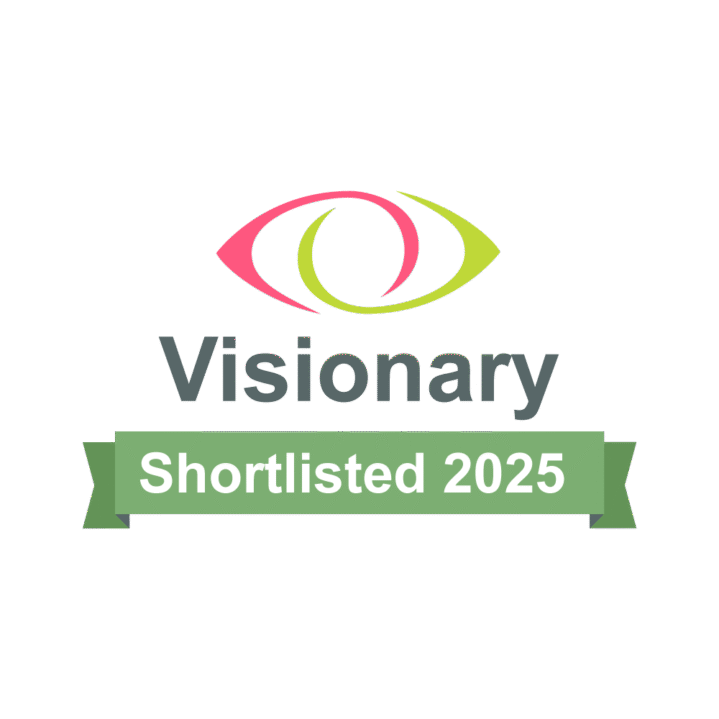 Image reads, Visionary. Shortlisted 2025. The words appear below the logo of an eye made from interlocking red and green lines.