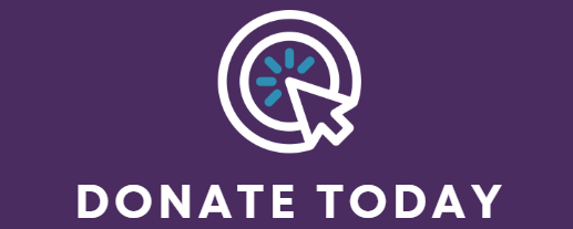 A purple rectangle containing a white mouse cursor clicking on a circle with the words donate today underneath.