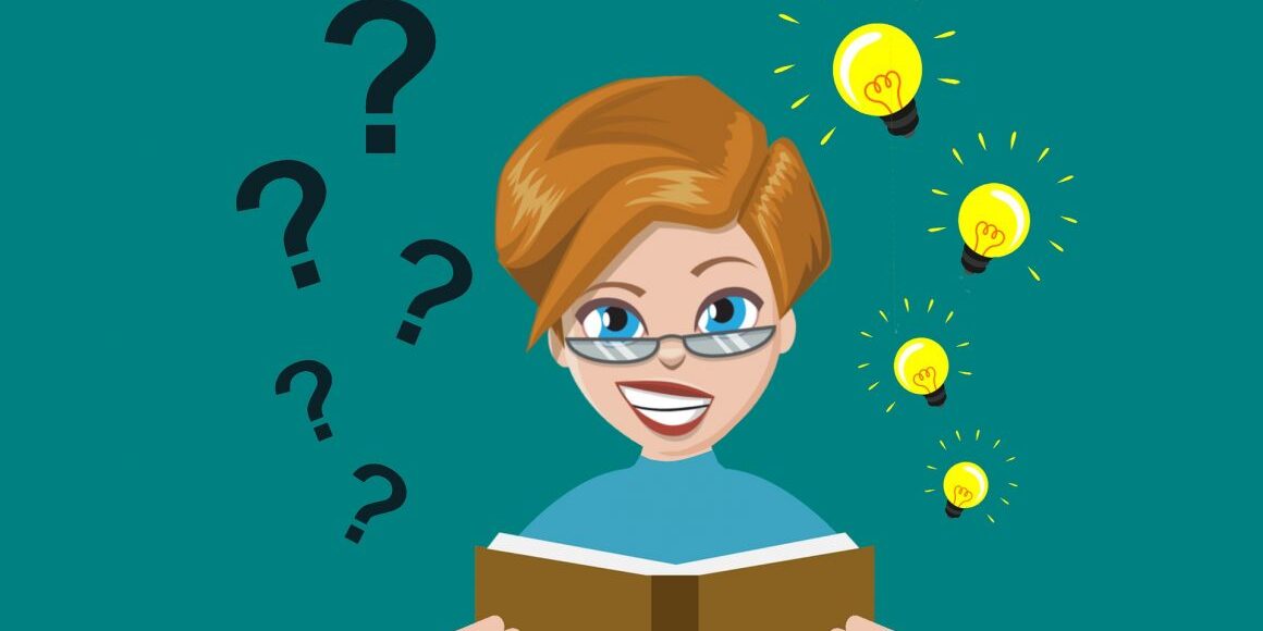 A cartoon woman reads a book. She is wearing glasses. on one side of her there are 4 cartoon light bulbs. On the other side there are cartoon Question marks. She is reading the book to find answers to her questions