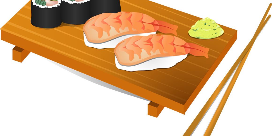 Drawn sushi rolls with chopsticks and salmon
